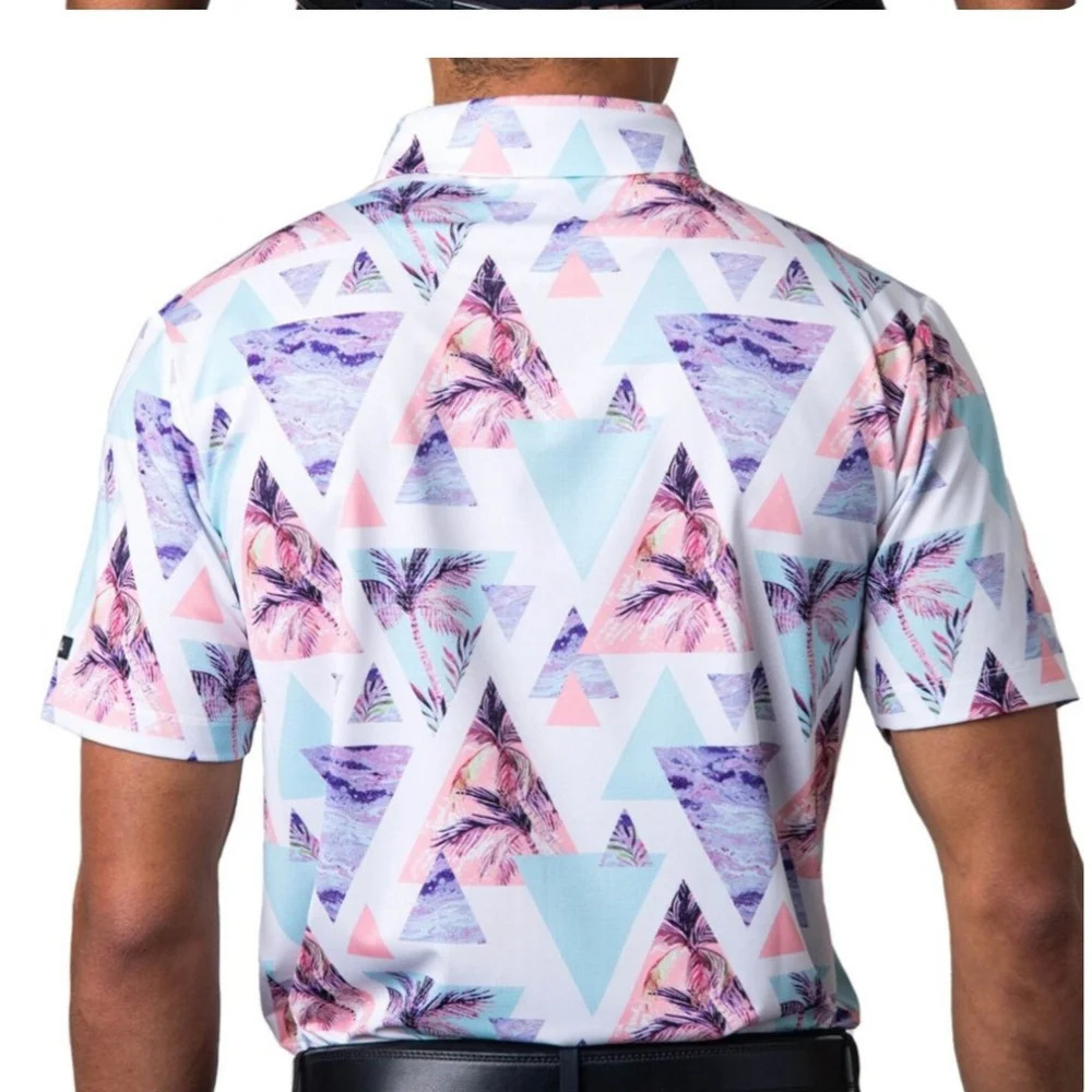 Bad Birdie Mens L PurpleGeometric Hawaiian Print ShortSleeve Golf Polo Shirt - Picture 2 of 11